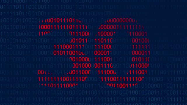 Red binary code forming the number thirty against a dark blue background of ones and zeros representing digital data processing and computer programming concepts for technology themes