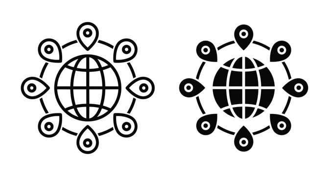 Global location icons set featuring earth globe surrounded by map pins for navigation logistics international business travel and worldwide networking