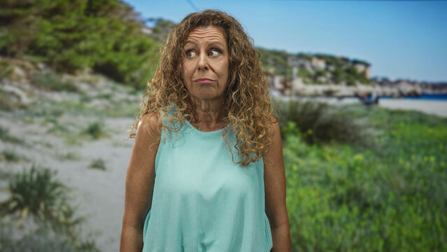 Woman face glancing to side, wearing turquoise sleeveless top on sandy beach with coastal vegetation; contemplation solitude.