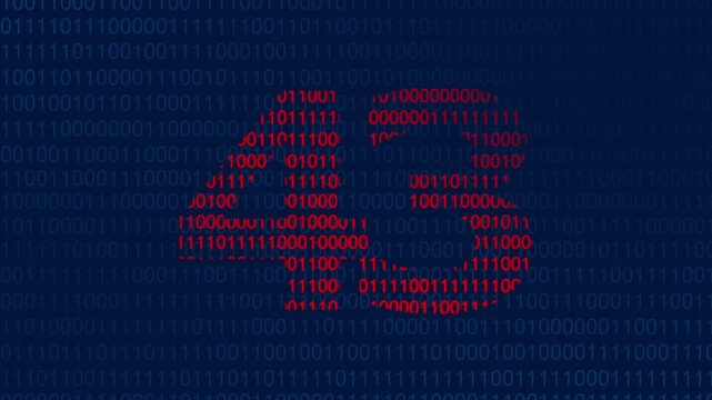 Large red number forty three formed by binary code digits against a dark blue background of streaming ones and zeros representing data processing and digital information technology concepts