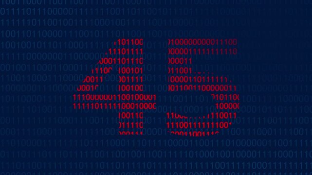 Large red number forty five formed by binary code digits against a dark blue background of streaming ones and zeros representing data processing and digital information technology concepts