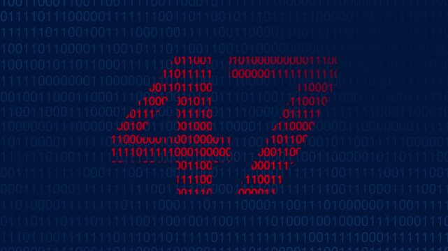 Large red number forty seven formed by binary code digits against a dark blue background of streaming ones and zeros representing digital data processing and computer information technology