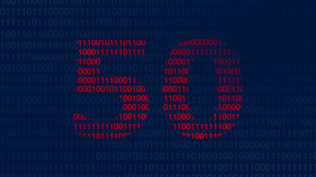 Large red number fifty formed by binary code digits against a dark blue background of streaming ones and zeros representing digital data processing and computer information technology