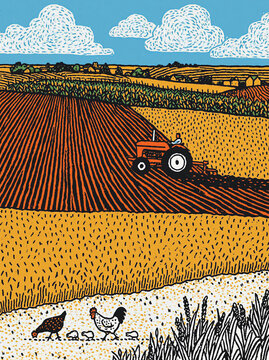 An illustration in a charming, traditional colored pencil style, showing a pastoral farm landscape