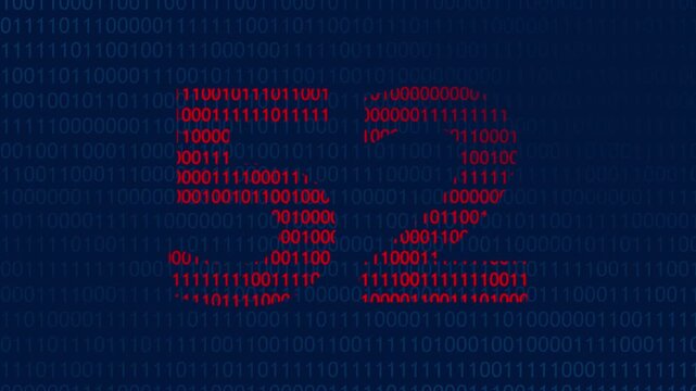 Large red number fifty two formed by binary code digits against a dark blue background of scrolling ones and zeros representing data and digital information technology concepts