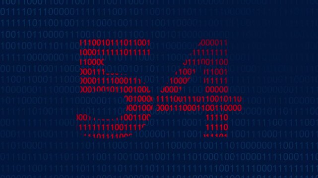 Large red number fifty four formed by binary code digits against a dark blue background of scrolling ones and zeros representing data and digital information technology concepts