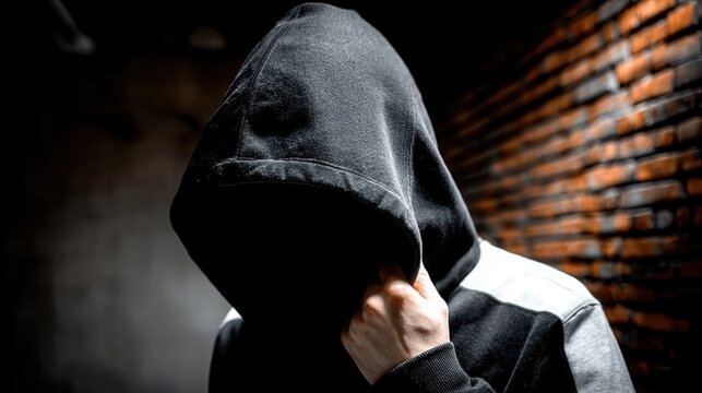 Man in dark hood hides face in shadow