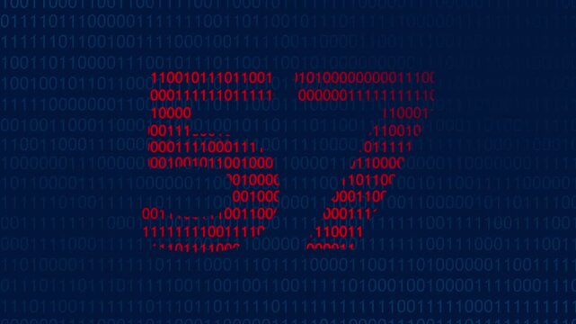 Red binary code forming the number fifty seven against a dark blue background of digital data streams representing computer programming and information technology concepts