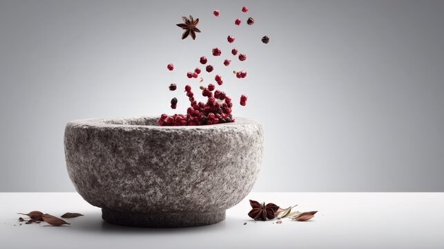 Stone mortar holds vibrant red peppercorns mid-air. Spice particles tumble in slow motion against neutral backdrop. Whole star anise rests beside scattered pods