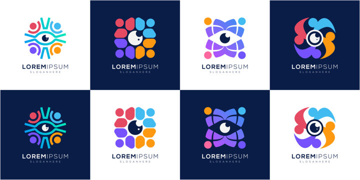 Colorful Community with Eye Vision Logo Design Collections. Abstract Peoples, Surveillance, Social Network Digital Identity. Modern vector icon symbols.