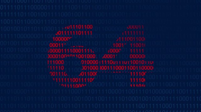 Red binary code forming the number sixty four against a dark blue background of streaming ones and zeros representing digital data processing and computer programming concepts