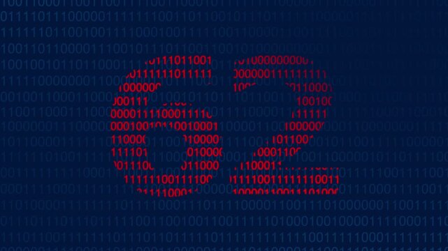 Red binary code forming the number sixty two against a dark blue background of streaming ones and zeros representing digital data processing and computer programming concepts