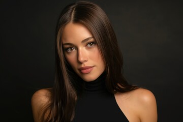 Fototapeta premium Young Woman Poses in Black Outfit With Long Hair Against Dark Background
