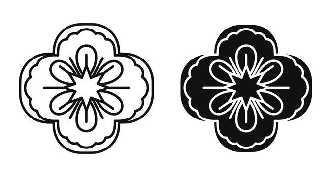 Stylized floral mandala icons featuring quatrefoil frame and central star shape in black line art and solid silhouette versions for graphic design