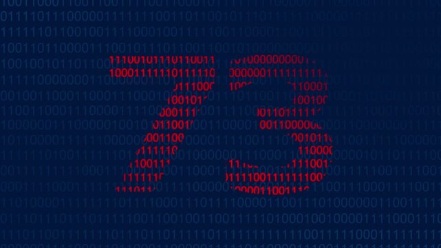 Large number seventy three formed by red binary code digits against a dark blue background of streaming ones and zeros representing digital data processing and computer programming