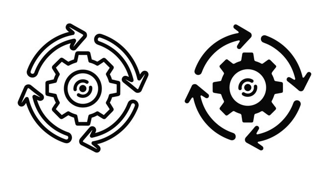Gear icon with circular arrows representing process automation workflow synchronization system update mechanical cycle industrial efficiency management technical operation settings