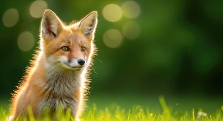 Obraz premium Captivating close-up portrait of a fluffy orange fox kit sitting in lush green grass, showing bright eyes and soft ears in gentle sunlight, woodland, pup, ears