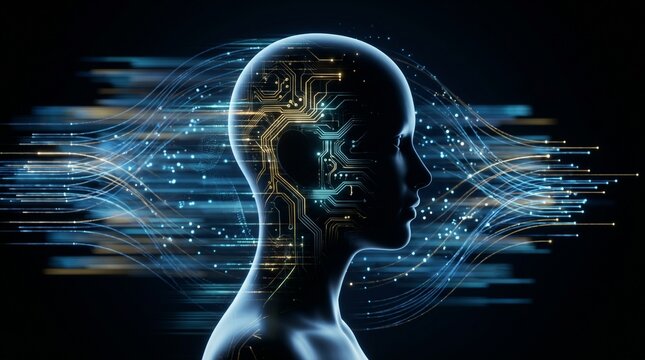 A futuristic human head profile features glowing golden circuit board patterns. Dynamic blue data streams and bright light trails flow rapidly across the dark background.