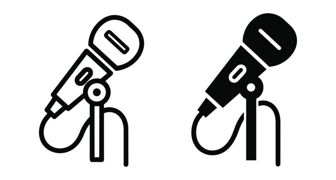 Microphone icon set with stand and cable in outline and solid black style for podcasting music recording and live performance