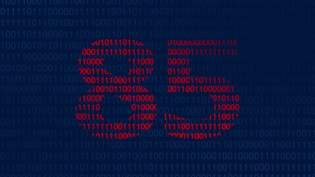 Large red number eighty five formed by binary code digits against a dark blue background of scrolling ones and zeros representing data processing and digital information technology