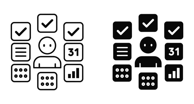 Personal productivity task management icon set showing person with checkmarks calendar list and data charts for project planning and organization
