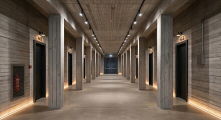 Fototapeta premium Long empty concrete hallway lined with wooden walls and pillars. Numbered black doors on both sides leading to interior spaces