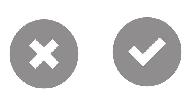 Gray cross x mark and gray check mark symbols in circular icons for neutral states or options with decision validation interface isolated background inactive disabled monochrome feedback