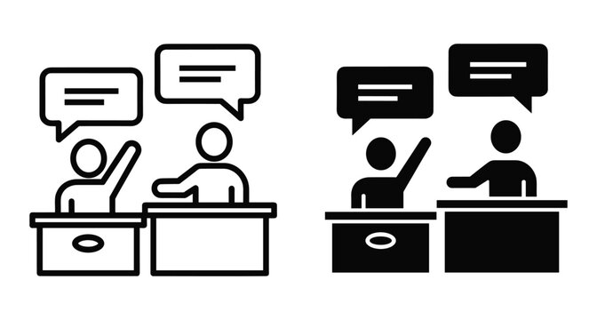 Student raising hand in classroom icon set with speech bubbles for education learning school participation and teacher student interaction symbols