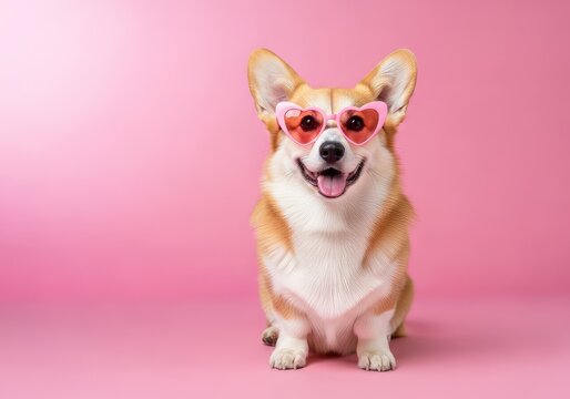 Happy Pembroke Welsh Corgi sitting on a pink background wearing heart shaped pink sunglasses for a St Valentine Day pet grooming banner, day, wellness, fluffy