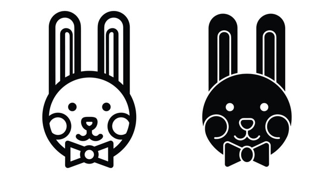 Rabbit head icon set with bowtie featuring cute bunny face in outline and solid black minimalist flat vector style
