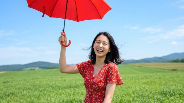 梅雨明けの青空と草原で赤い傘を掲げて満面の笑みを浮かべる女性