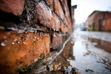 Fototapeta premium Water droplets cling to a red brick wall after rain, with puddles forming on the ground in an urban street