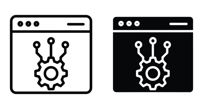 Web automation browser icon set with gear and circuit nodes representing software development technical configuration digital processing and internet optimization