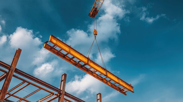 Industrial crane lifting a steel beam for building construction