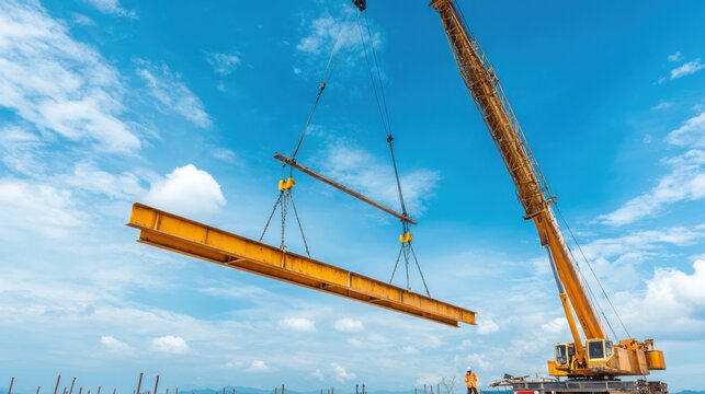 Industrial construction crane lifting a steel beam on a bright day