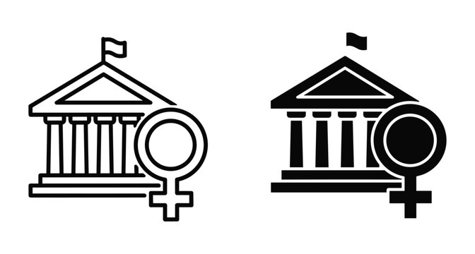 Government building icon with female gender symbol representing women in politics leadership equality rights law justice parliament and legislative representation