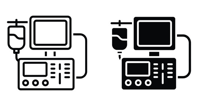 Medical dialysis machine icon set with IV drip bag and patient monitor screen for healthcare hospital equipment and clinical treatment