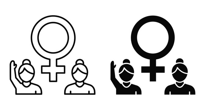 Women empowerment icon set featuring female gender symbol and activists raising hands for equality rights and social justice movement representation