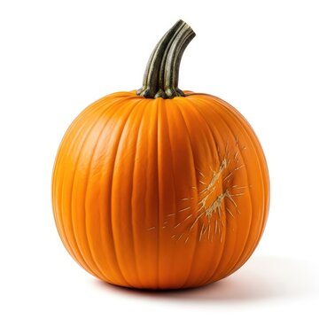 Une magnifique citrouille orange vif parfaitement isol&eacute;e sur un fond blanc immacul&eacute;, r&eacute;v&eacute;lant une tige robuste et une peau organique textur&eacute;e, potager, espace n&eacute;gatif, frais