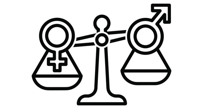 Gender equality icon showing male and female symbols balanced on a justice scale representing parity fairness human rights and social advocacy