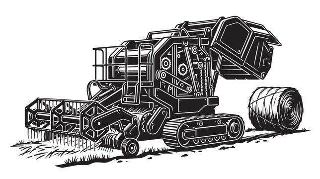 Vintage agricultural combine harvester vector illustration, retro farm machinery with hay bale, black and white industrial farming equipment