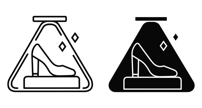 High heel shoe icon set featuring a pump on a pedestal inside a glass display case with shining light effects