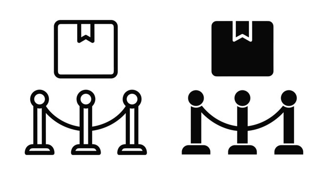 Package delivery and security barrier icons set including cardboard box and velvet rope stanchion in outline and solid black styles