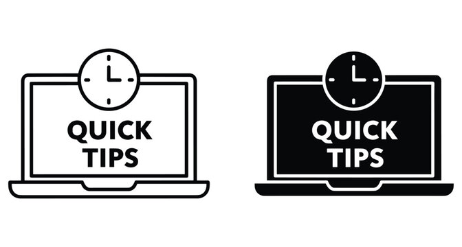 Laptop computer icon with clock symbol and quick tips text representing fast learning digital tutorials online education and efficient advice