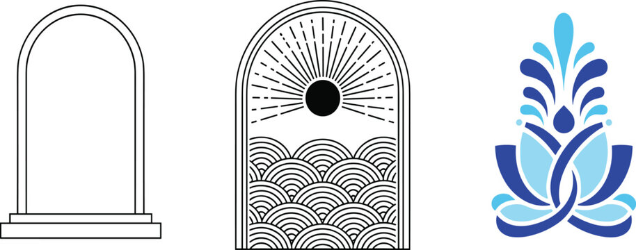 Bohemian arch vector set featuring rising sun over ocean waves and stylized lotus flower for yoga spa and wellness designs.