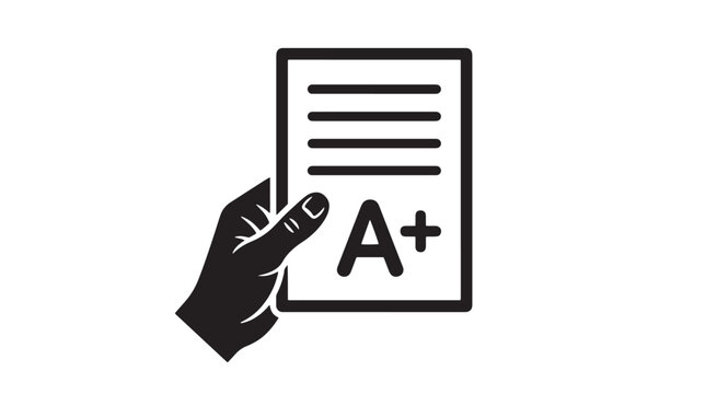 Minimalist hand holding paper with A plus grade, black and white academic achievement icon, student test result vector illustration