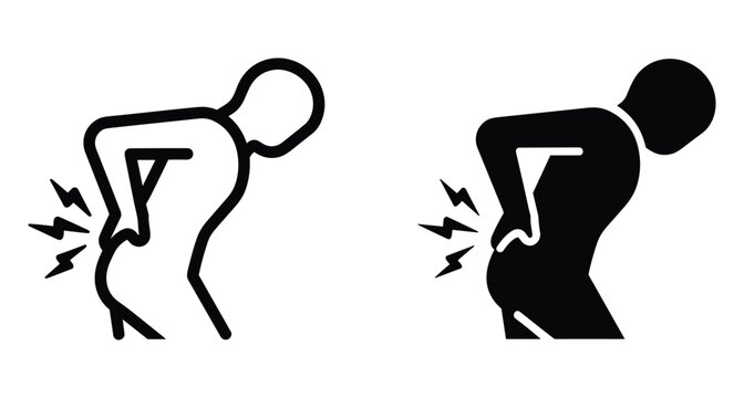 Back pain icon set showing person with lower spine ache injury lumbar strain sciatica muscle tension and physical discomfort symptoms