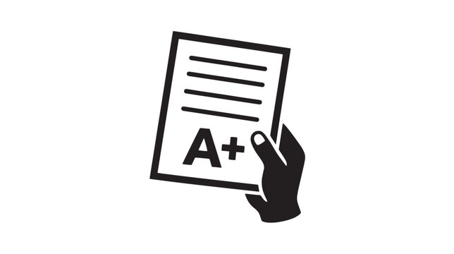 Academic excellence icon showing hand holding exam paper with A plus grade, student success and high test score vector, education achievement symbol