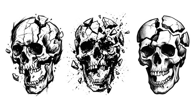 A captivating sequence of three skulls showing different stages of fragmentation and decay.
