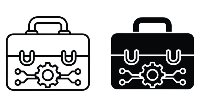 Digital toolbox icon set featuring gear and circuit board symbols for technical maintenance software development engineering and system configuration management